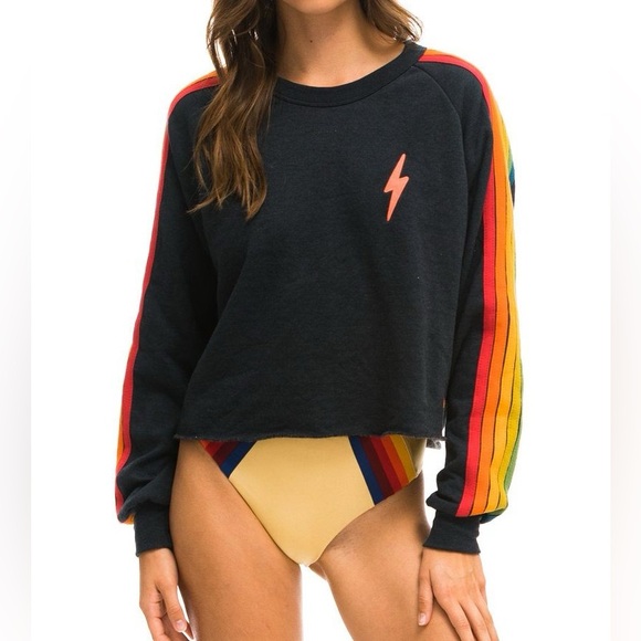 Aviator Nation BOLT EMBROIDERY CLASSIC CROPPED CREW SWEATSHIRT Charcoal XS - Picture 2 of 5